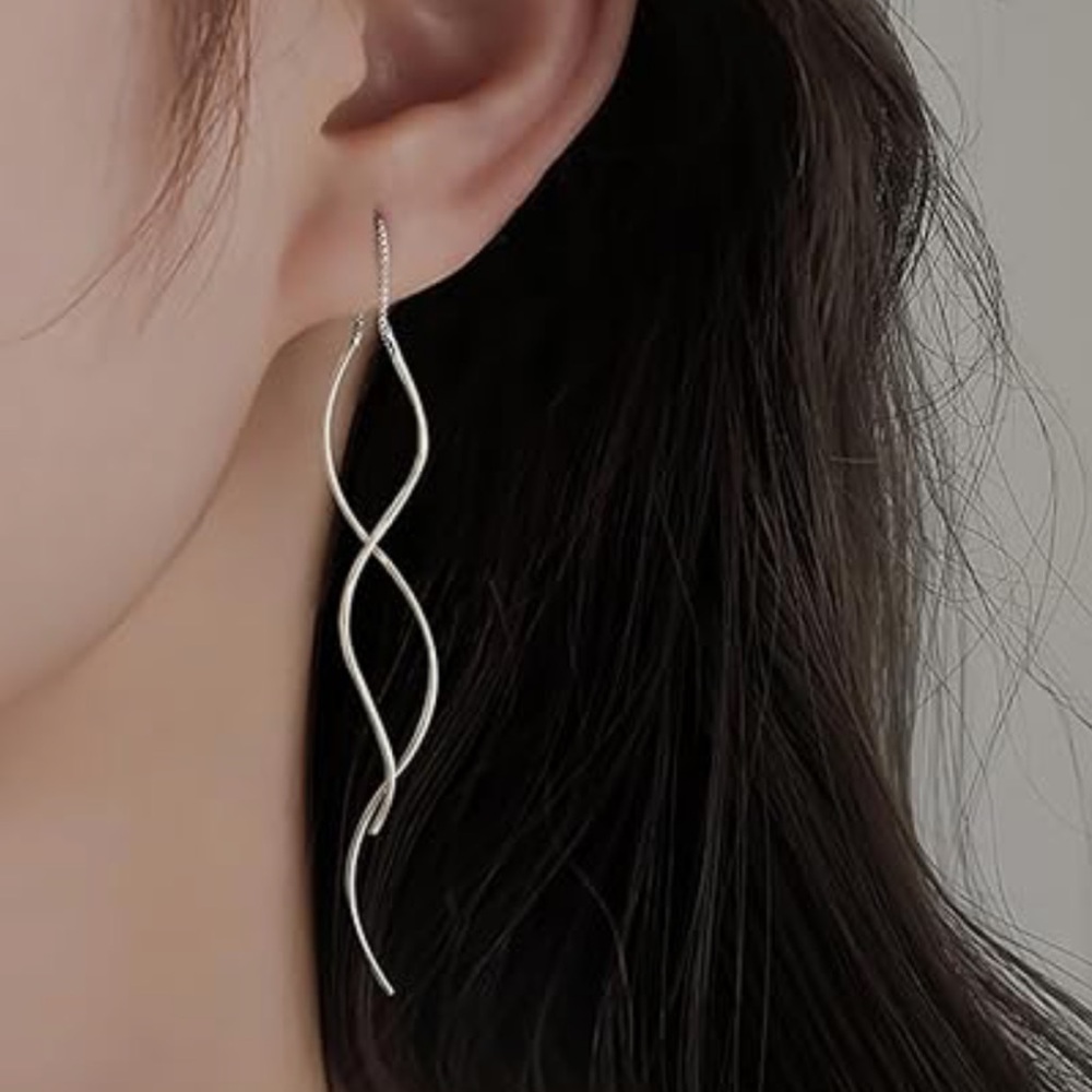 Silver wavy threader earrings